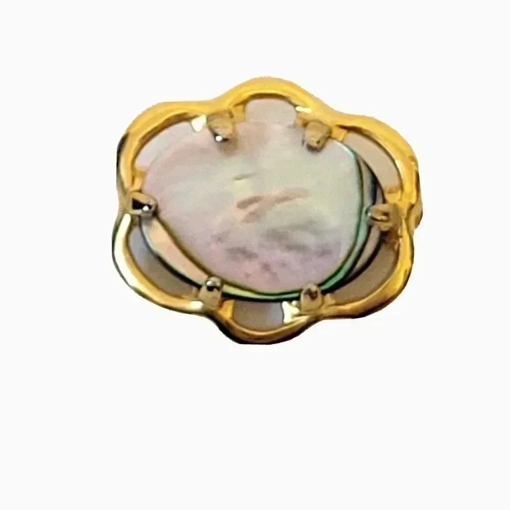 Abalone Shell Brooch Pin Gold Tone Metal Framing Vintage 1" x 3/4"